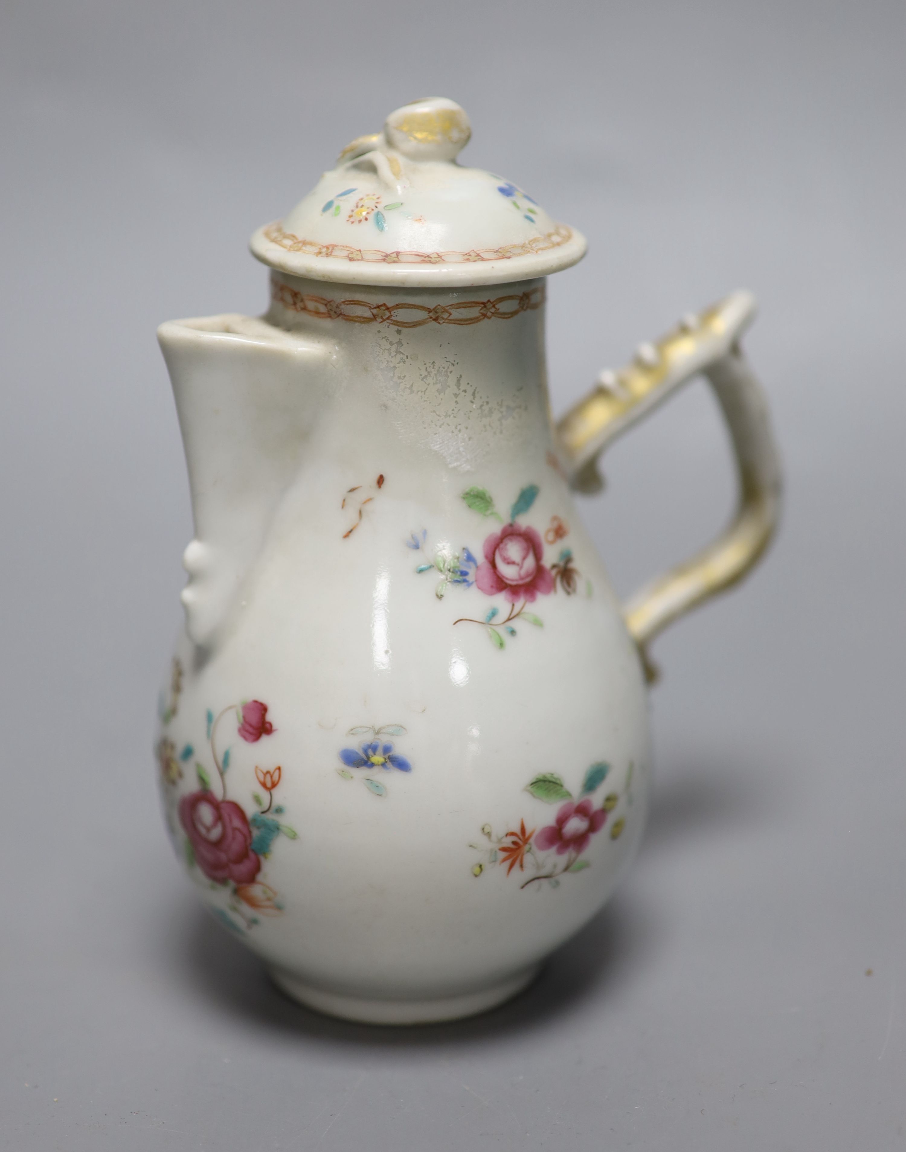 A Chinese famille rose porcelain sparrow beak jug, with cover (the latter a.f.) and a pair of small Chinese bottle vases (one chipped),